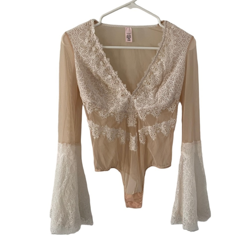 Victorias Secret Lace and Nude Mesh Bodysuit Bell Sleeves Small
